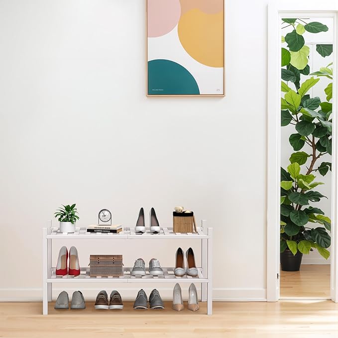 Haddockway Large 2 Tier Bamboo Shoe Rack Storage Organizer, Multifunctional Free Standing Stackable Shoe Shelf with Grid Panel for Closet,Hallway,Entryway,Small Space 27"x12"x14"