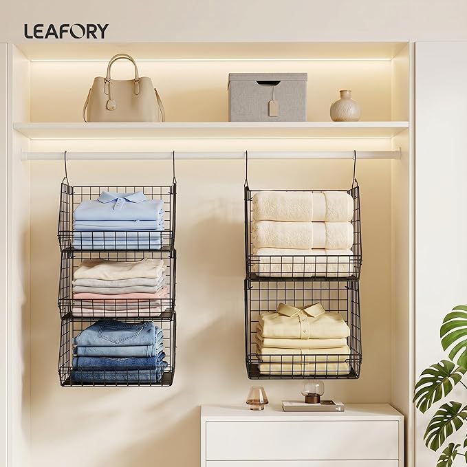 5 Tier Metal Hanging Closet Organizer with 2 Extra Tall Storage Baskets & 3 Standard Wire Baskets, Heavy Duty Foldable Closet Organizer with Snag‑Free Liners for Clothes, Jeans, Handbags, Hats