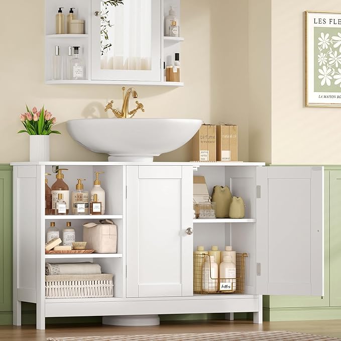 TEENFON 35.4" Pedestal Sink Storage Cabinet with 2 Doors and Adjustable Shelves, Bathroom Sink Cabinet, Under Sink Storage with U-Shape Cut-Out, White