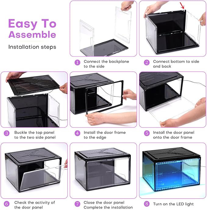 Oltraman Shoe Storage Organizer for Closet, Foldable Shoe Boxes Rack 2 pack, Clear Plastic Stackable Containers Bins Holder, Magnetic Sneaker Shelf for Sneakerheads with LED Lights (Black)