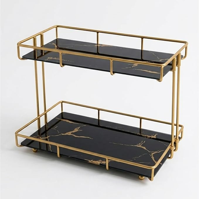 2-Tier Black Marble Bathroom Countertop Organizer – Glass Shelves & Gold Metal Frame, Stylish Vanity Storage Shelf for Perfume, Skincare, Makeup & Toiletries