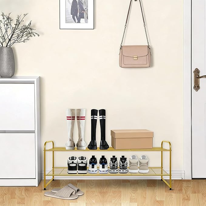 2-Tier Long Shoe Rack for Closet Metal Shoe Organizer for Entryway, Gold