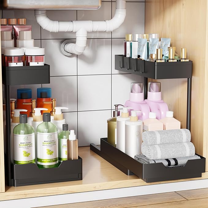 Simple Trending Under Sink Organizer, 2 Pack Pull Out Cabinet Organizer with Sliding Drawer, 2-Tier Under Sink Storage for Kitchen Bathroom, Black