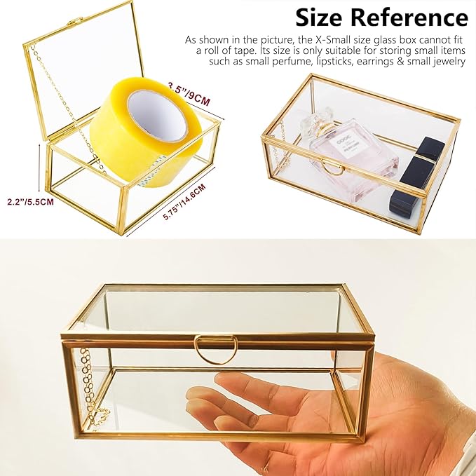 HighFree Vintage Glass Box with Lid - Clear Jewelry Glass Display Box Keepsake Box - Home Decor Decorative Box for Trinket Rings Bracelet (Gold, X-Small)