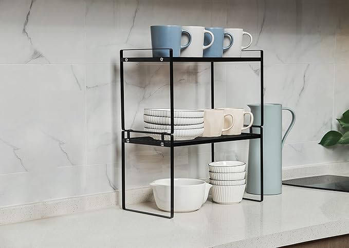 Shantton 2Pack Kitchen Cabinet Shelf Counter Organizer Rack Pantry Storage Bathroom Bedroom Office Table Desk Space Saving Stackable Rust Resistant Non Slip Black Tall Wide L16.1in W10.6in H9.5in