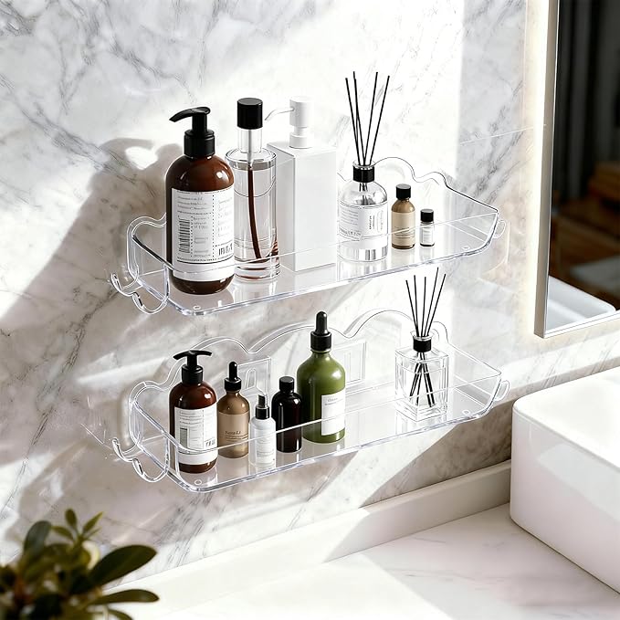2 Pack Acrylic Shower Caddy No Drilling Adhesive Shower Shelves with 4 Removable