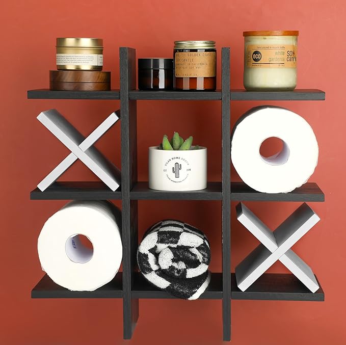 Weysat Tic Tac Toe Toilet Paper Holder Stand Bathroom Wall Decor Rustic Wooden Hanging Storage Freestanding Wall Mounted Shelves Decor for Toilet Tissue Farmhouse