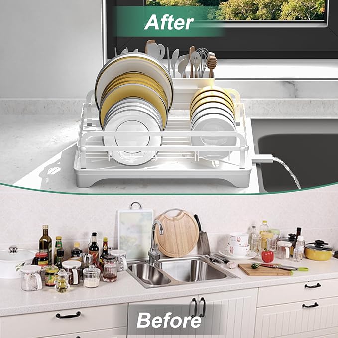 Dish Drying Rack,Dish Racks for Kitchen Counter, Metal Dish Drainer with Adjustable Drainage Spout, Removable Knife and Fork Holder (White)