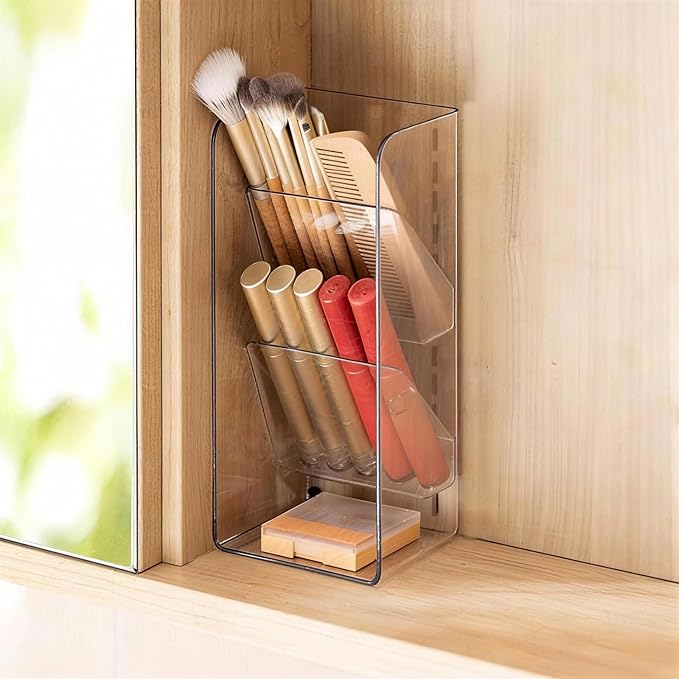 PAVSTINE Medicine Cabinet Organizer with Adjustable Dividers, Clear Open Storage Compartment, Space-Saving Makeup Brush Holder for Bathroom, Wall Cabinet, Vanity Countertop (2-Tier Full Slant)