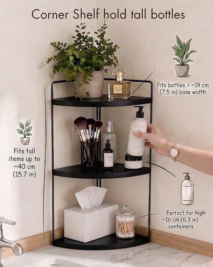 3-Tier Corner Bathroom Countertop Organizer, Solid Pine Wood Vanity Corner Shelf for Skincare & Makeup, Waterproof Standing Rack for Bathroom, Vanity, Kitchen & Dresser, Large 15.7"H, Black