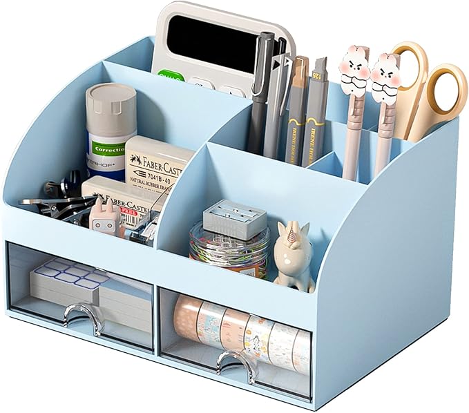 Desk Organizer with 6 Compartments and 2 Drawers, Plastic Makeup Organizer, Blue