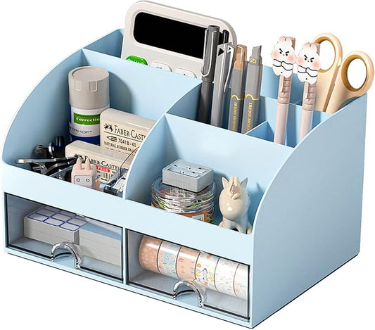 Desk Organizer with 6 Compartments and 2 Drawers, Plastic Makeup Organizer, Blue