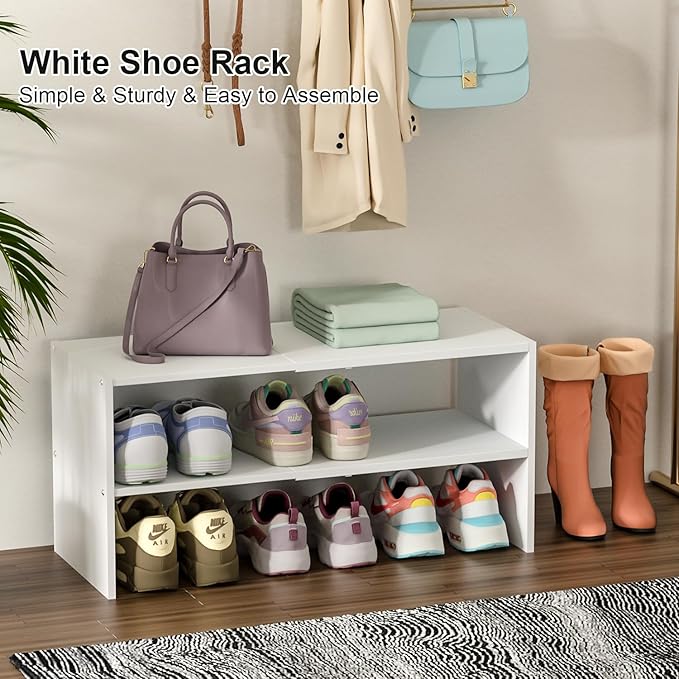 2 Pack White Shoe Rack for Closet, 2-Tier Expandable Small Shoe Shelf, Stackable Iron Wood Combination Shoe Organizer Racks Shelves for Closets, Entryway, Hallway, Garage, Holds 12-24 Pairs