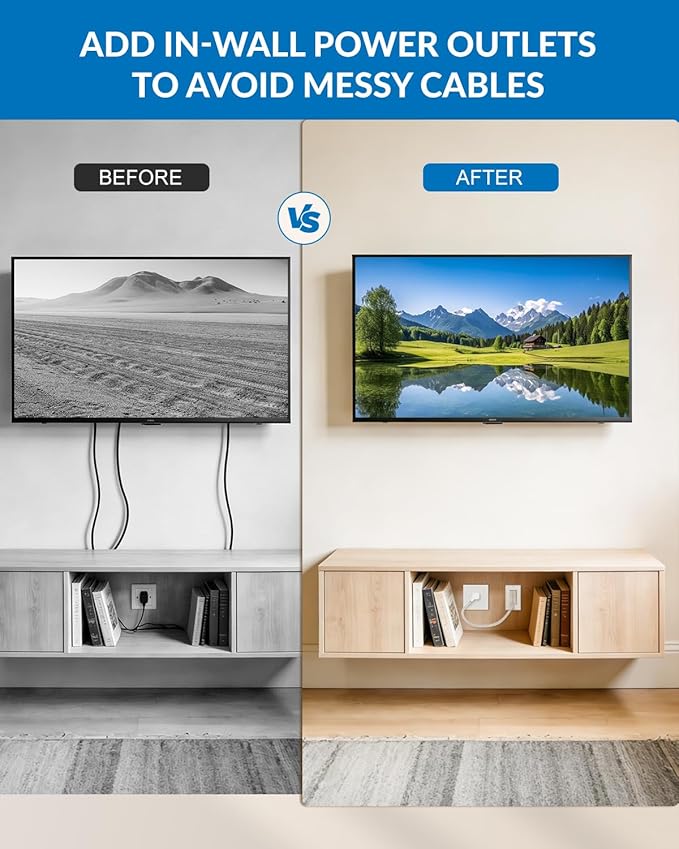 in-Wall Cable Management Kit with Recessed Outlet Box, Dual Outlet Extender with 4.2A Type C/A USB Ports, 9.8ft Extension Cord, Easy Install w/Drywall Saw, UL Listed, TR Safe Outlet Relocation Kit
