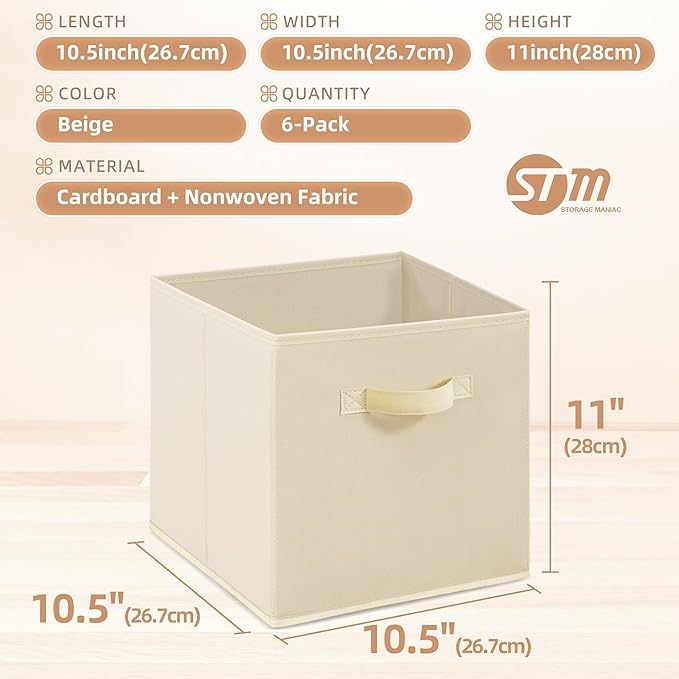 STORAGE MANIAC Storage Cubes, 11 Inch Collapsible Storage Bins with Handles, 6 Pack Fabric Foldable Bins for Organization, Durable Storage Bins for Closet, Shelves, Offices, Toys, Beige