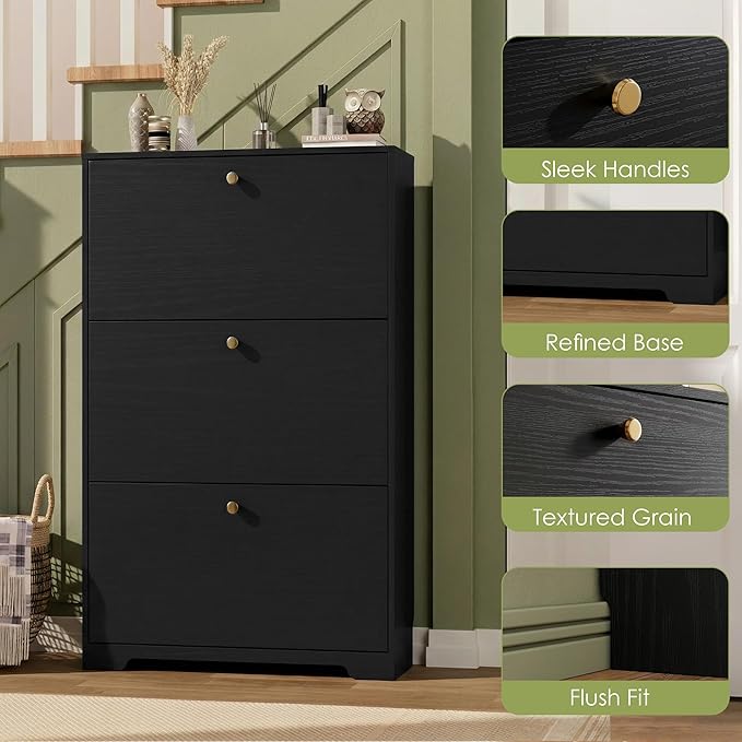 Nicetree Shoe Cabinet with 3 Flip Drawers, Narrow Shoe Organizer Cabinet, Freestanding Shoe Rack Cabinet, Modern Shoe Storage Cabinet for Entryway, Hallway, Foyer, Black
