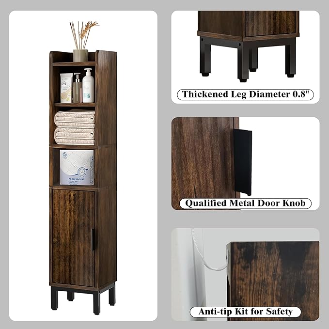 FerniTry Narrow Bathroom Storage Cabinet, Corner Toilet Paper Floor Cabinet 5 Tiers with Door and Shelves,Bathroom Organizer with Adjustable Shelf, for Small Spaces(Rustic Brown)