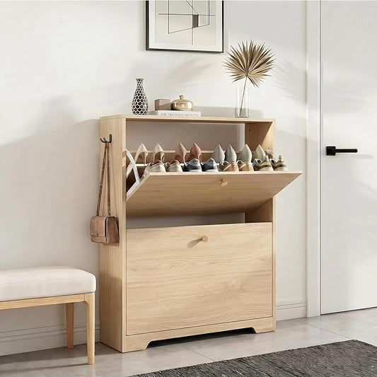 Shoe Cabinet with 2 Flip Drawers, Foyer Natural Oak with Hook