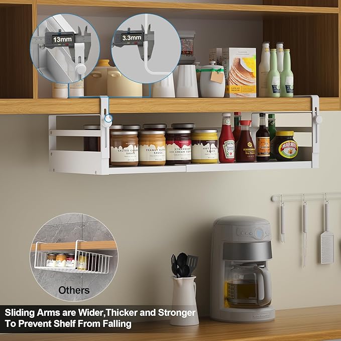 AmonHouseware 2Pack Under Shelf Basket Organizer, Adjustable Under Cabinet Shelf Storage, Hanging Holder Length Stretchable 13-21Inch for Kitchen Pantry Desk Counter Bookshelf Cupboard (White)