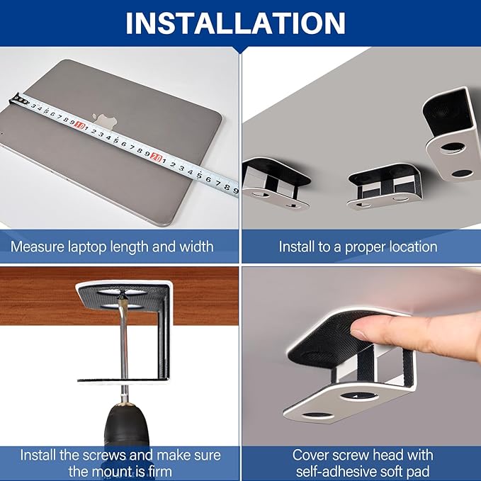BYMECOST Under Desk Laptop Storage Mount, Metal Under Desk Device Holder, for Devices Up to 1.37" Thick, MacBook, Mini, Keyboard, Router, with Anti-Scratch Silicone (White)
