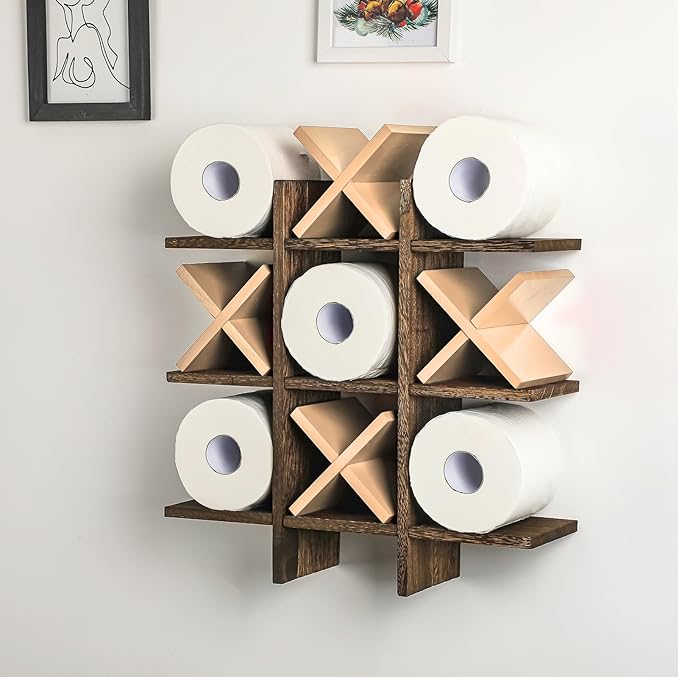Weysat Tic Tac Toe Toilet Paper Holder Stand Bathroom Wall Decor Rustic Wooden Hanging Storage Freestanding Wall Mounted Shelves Decor for Toilet Tissue Farmhouse