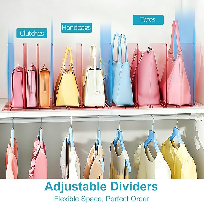 SortNStore Purse Organizer for Closet: Shelf Dividers Adjustable Acrylic Bag Closet Organizers and Storage Pink 4 Bases 14 Shelves