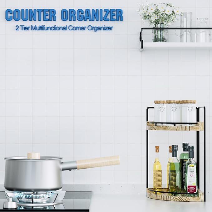 Corner Bathroom Counter Organizer, 2 Tier Wood Vanity Storage, Rustic-2 Tier