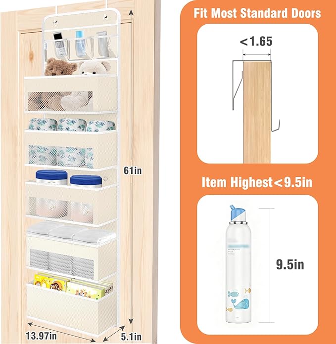 WISELIFE Over the Door Organizer - 6 Shelves Detachable Hanging Bedroom Storage Solution with 5 Large Pockets and 3 PVC Pockets for Dorm Bathroom, Pantry Nursery Baby Essentials (Beige)