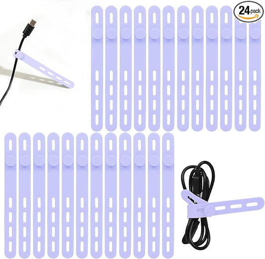 24Pcs Silicone Cable Ties, Reusable & Washable with Locking Buckles, Purple