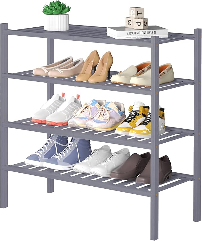 CRAFT 4 Tier Bamboo Shoe Rack for Closet Free Standing Wood Shoe Shelf, Grey