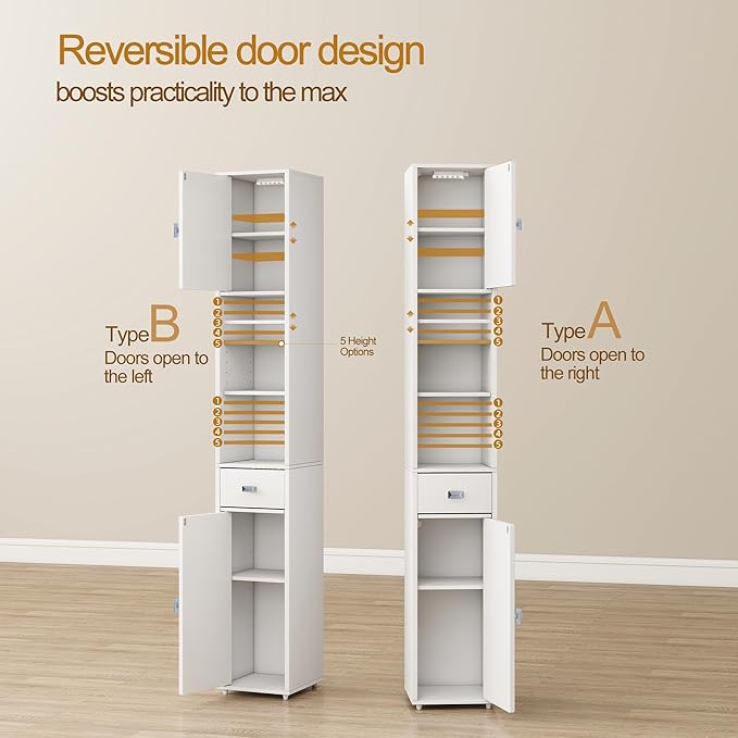 Tall Storage Cabinet, 7.9 Inch Narrow Bathroom Cabinet with USB Magnetic Light