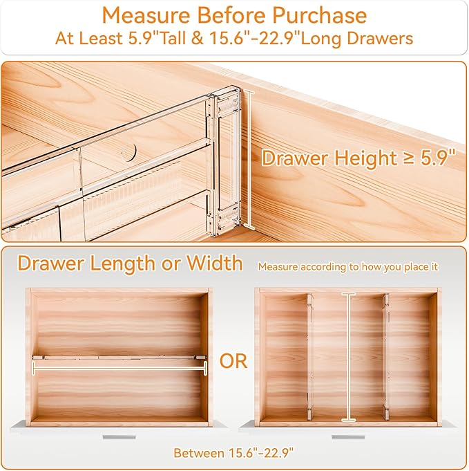 12 Pack Clear Acrylic Drawer Divider 6 Inch High, Expandable from 14-20''