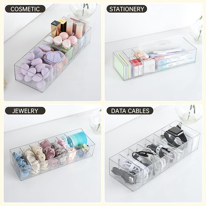 FRETONBA 2 Pack Cable Storage Organizer Box with 8 Compartments and 14 Wire Ties, Stackable Charger Organizer, Clear Cord organizer for Drawer, Adjustable Divider Cord Management Box