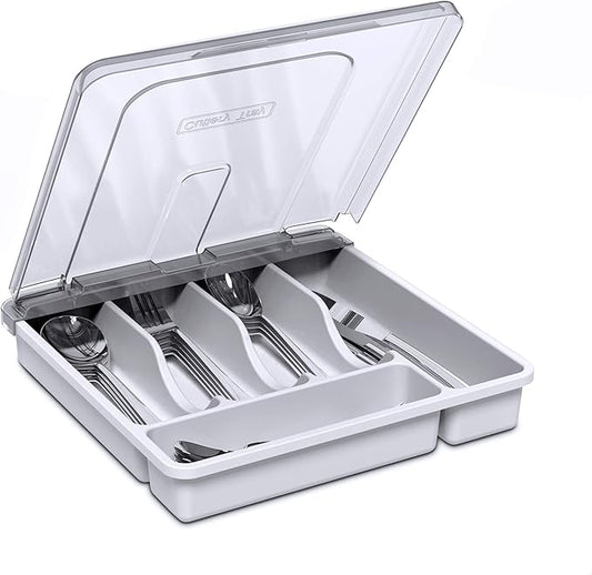 Utensil Holder for Countertop with Lid, Plastic Silverware Tray for Drawer
