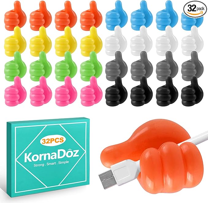 32 Pack Creative Thumbs Up Wall Hooks, Self-Adhesive Silicone Thumb Holders for Desk, Cute & Fun Cord Cable Clips, Multi-Function Wire Organizer for Keys, Pencils, Charging Cables