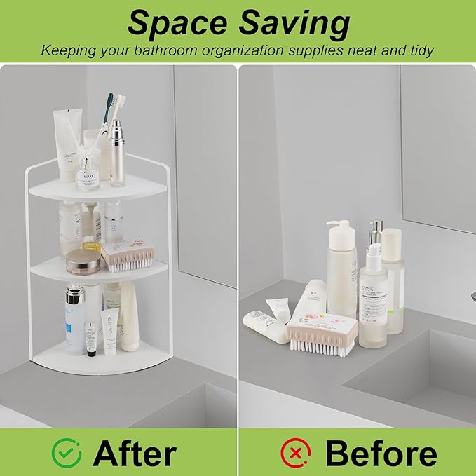 3 Tier Corner Bathroom Counter Organizer, Countertop Organizer, Makeup Organizer Countertop, Bathroom Storage Sink Shelf, Wooden and Metal Counter Shelf (Large Capacity-White)