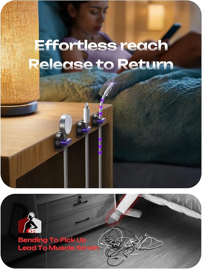 LISEN Magnetic Charging Cord Holder 8-Pack Charging Cord Organizer [1S Click-in], Easy Open Cable Holder with Strong Adhesive, Cable Management Clips Neatly for Nightstand, Desk, Home, Office, Purple