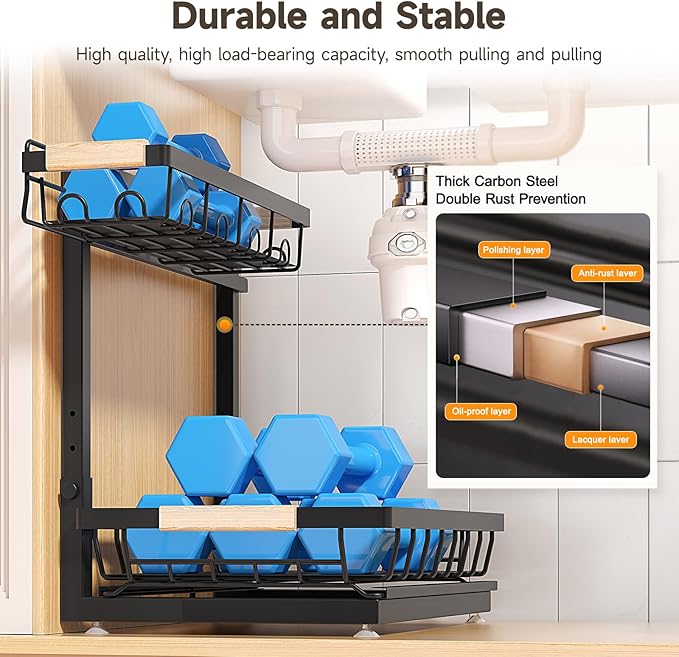 Sevenblue 2 Packs Under Sink Organizer, Height Adjustable 2 Tier Under Kitchen Sink Organizer, Multi-Purpose Storage Shelf for Kitchen Bathroom Cabinet