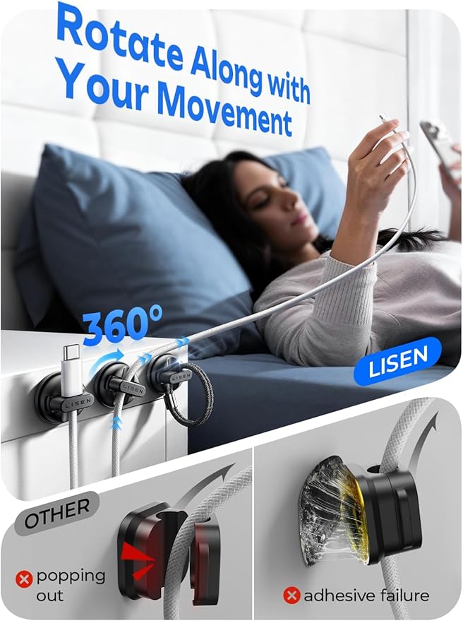 6-Pack Rotatable Cord Holder for Nightstand, Office Desk Accessories