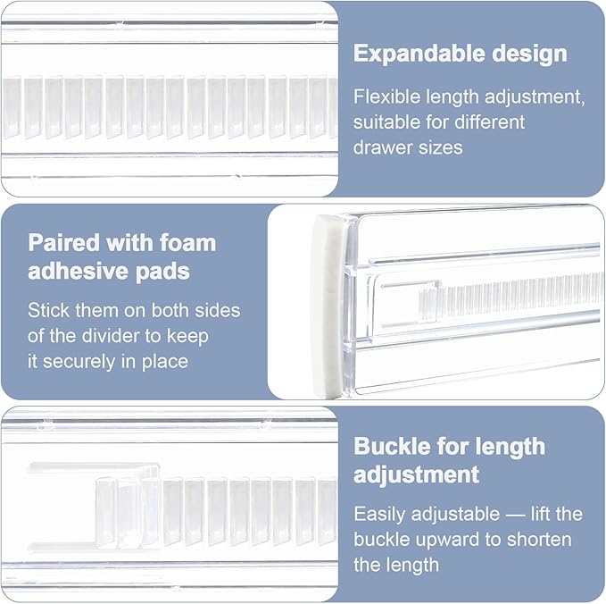 6 Pack Adjustable Drawer Dividers(11.34-19.88") 3.15" Expandable Clear Drawer