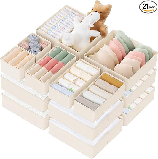Drawer Organizer Clothes, 21 Pack Dresser Organizer for Baby Clothes, Beige