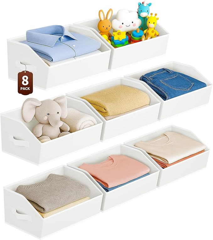 Homsorout Large Closet Organizers and Storage Bins - 8 Pack Trapezoid Storage Baskets for Shelves, Foldable Fabric Baskets with Handles Ideal for Closet, Basket, Wardrobe and Shelf Storage, White