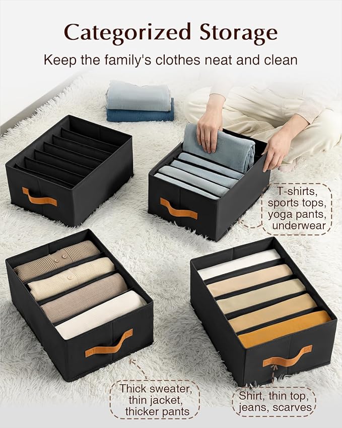 Homsorout Clothes Organizers and Storage - 4/5/7 Grids Fabric Jeans Organizer with Handles, Foldable Closet Organizers Dividers, Wardrobe organizer for Pant, Sweater, T-shirt, Scarf, 3 Pack, Black