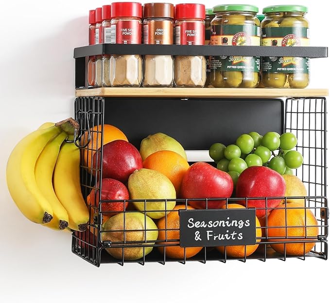 [WIDER SHELF] 1 SET Strong Magnetic Shelf Basket for Fridge with Tag & Bamboo Top, XXL Large Magnetic Spice Rack Shelves for Side of Refrigerator, Kitchen Pantry Storage Organizer for Food Fruit Veg
