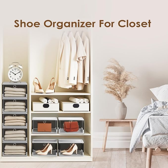 Clear Stackable Shoe Boxes with Magnetic Door, 3 Pack Thick Plastic Shoe Organizer for Closet, Dustproof Storage, Fits up to US Size 13