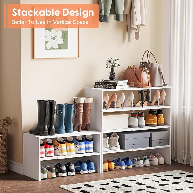 2-Tier Expandable White Shoe Rack Organizer for Closet