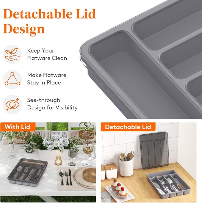 Lifewit Silverware Organizer with Lid, Covered Utensil Tray for Kitchen Drawer and Countertop, Plastic Cutlery and Flatware Storage Box for Spoons Forks Knives Holder Case, 23 x 32 cm, Gray