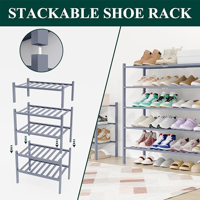 Smiry Long Bamboo Shoe Rack, 6 Tier Free Standing Wooden Shoe Organizer, Stackable Wood Shoe Storage Shelf for Closet, Entryway, 12 Vertical Slats, 2+2+2 Stack Standard Legs, 33.7"x11"x39", Grey