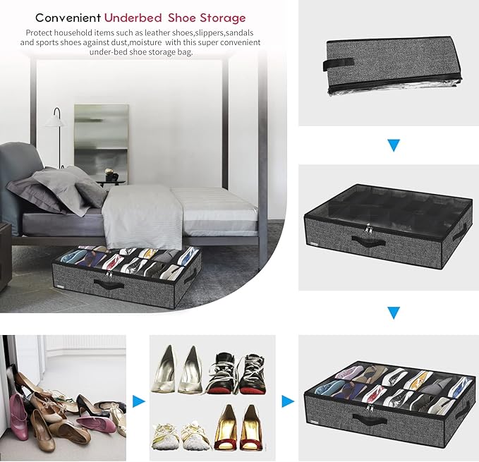 Under Bed Shoe Storage Organizer For Closet, 4 Pack Fit 12x4 Pairs