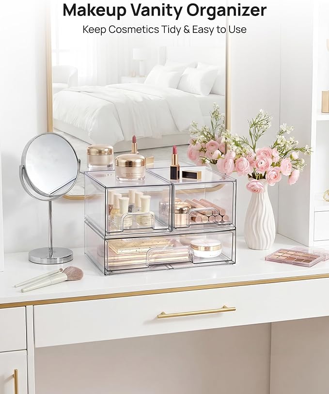 Stackable Storage Drawers Set of 3, Clear Plastic Organizer Bins for Makeup